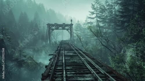 Misty Forest Railroad Bridge With A Lone Woman Walking photo