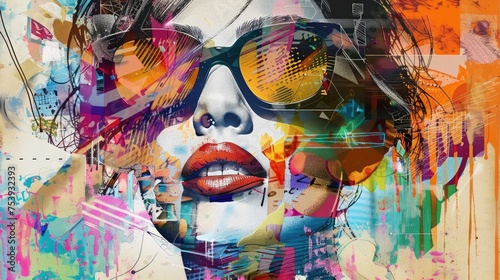 Mixed-Media Colorful Portrait Of Woman In Modern Sunglasses With Different Collage Elements.