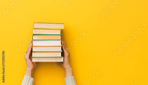 a woman holding a stack of books, empty room, library, student. photo
