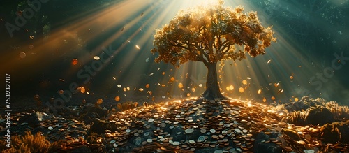 Golden Tree of Prosperity Standing on a Coin-Covered Ground with Cinematic Light