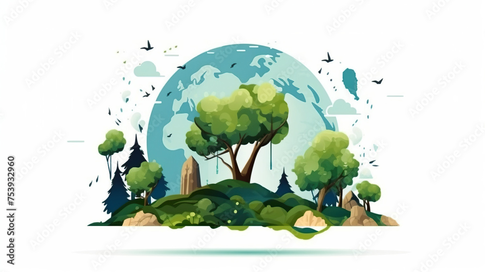  earth planet globe with city skyscrapers, nature, forest, mountains, garden, sea, ship, buildings. Eco Friendly, green energy concept, Ecology background, concept for save earth day.