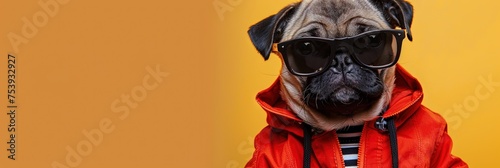 Pug Dog wearing sunglasses and trendy fashionable jacket on solid background with copy space © Brian