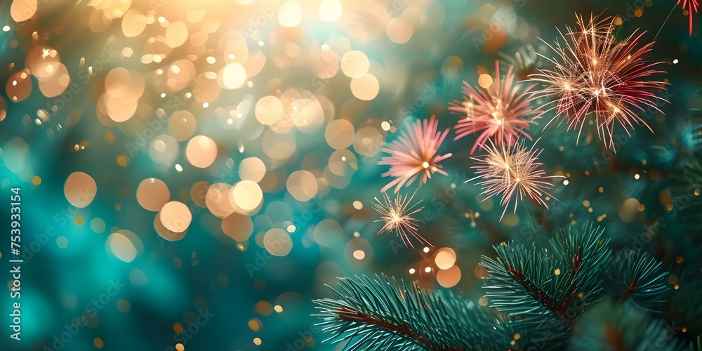 A Vibrant New Year's Celebration with Fireworks and Sparkles on a Green Background - Room for Text. Concept New Year's Celebration, Fireworks, Sparkles, Green Background, Room for Text