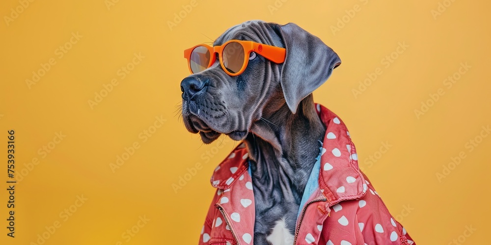 Great Dane Dog wearing sunglasses and trendy fashionable jacket on solid background with copy space - obrazy, fototapety, plakaty 