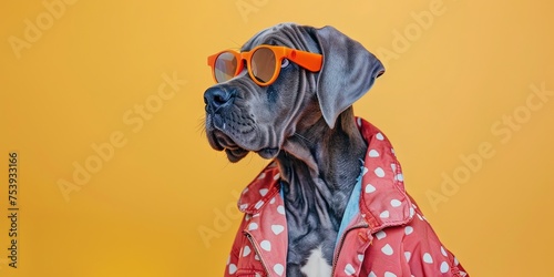 Great Dane Dog wearing sunglasses and trendy fashionable jacket on solid background with copy space