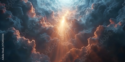 Angelic Scene: Heavenly Light Illuminating Earth with Angels Surrounding a Beautiful Cloudy Sky. Concept Angel Portraits, Celestial Photoshoot, Ethereal Light Photography, Spiritual Imagery