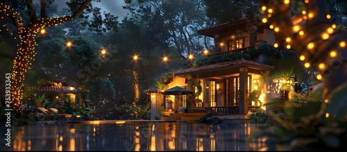 Romantic Indian Bungalow Pool Area with Fairy Lights at Night, To provide a high-quality, visually appealing stock photo of a romantic and exotic