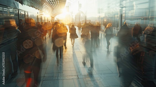 Motion Blur Of People Walking In The Morning Rush Hour, Busy Modern Life Concept