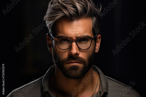 Intense close-up of a man with a stylish quiff and beard, wearing clear framed glasses, against a dark, shadowy background emphasizing his strong features.