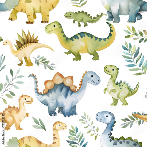 Charming Dinosaur Pattern  Playful Watercolor Dinosaurs and Foliage - Seamless Background for Kids  Decor and Apparel