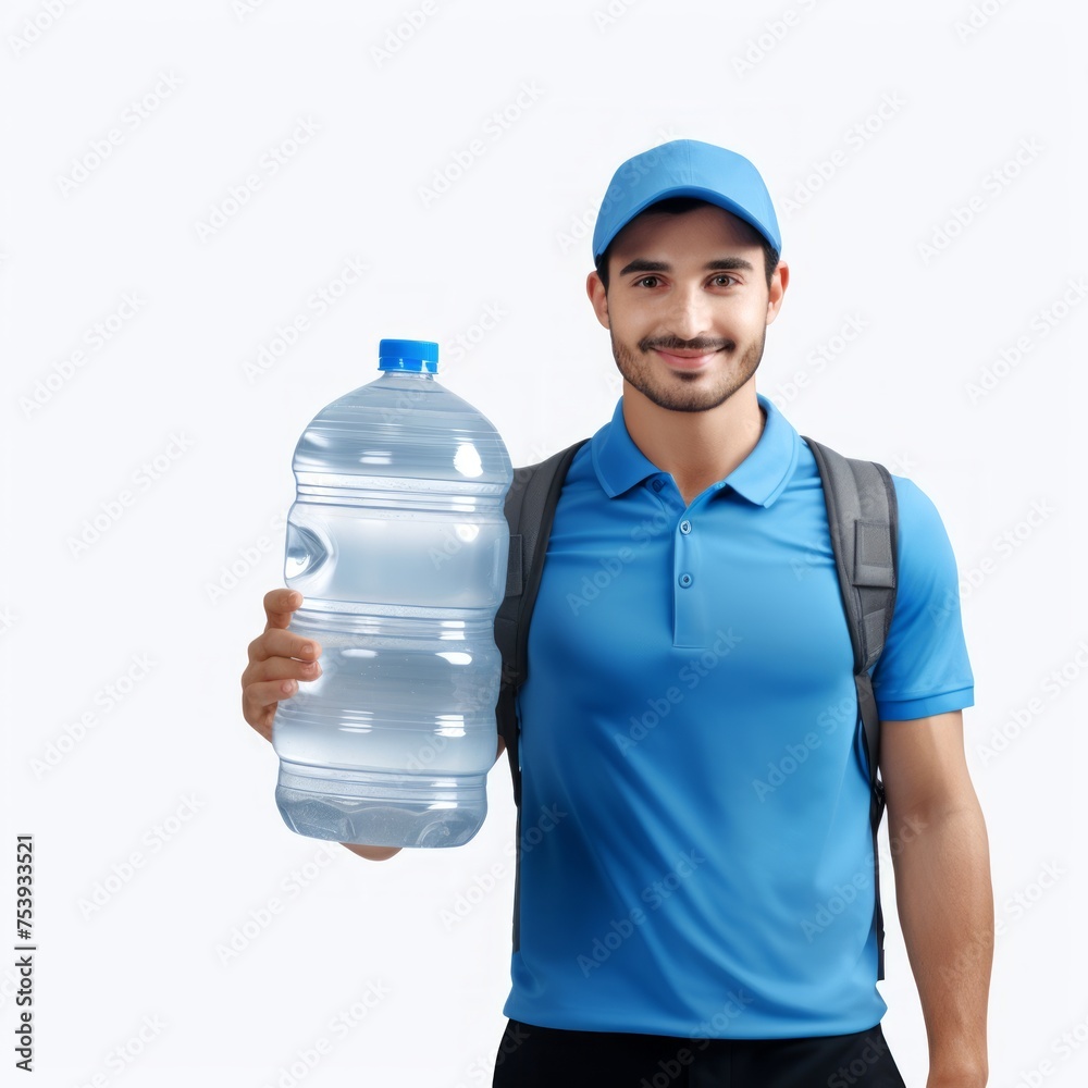 Man in blue uniform holding large water bottle. White background. Copy space. Concept of water delivery, hydration service, drinking supply, and refreshment. Man in blue uniform holding large water bottle. White background. Copy space. Concept of water delivery, hydration service, drinking supply, and refreshment.