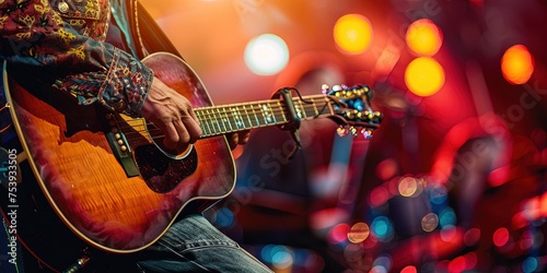 Country music festival with guitarist on stage wearing cowboy hat playing country western music