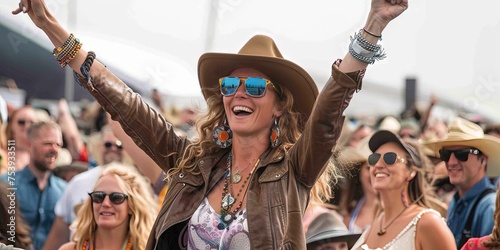 Country music festival with woman wearing cowboy hat in audience listening to band playing country western music photo