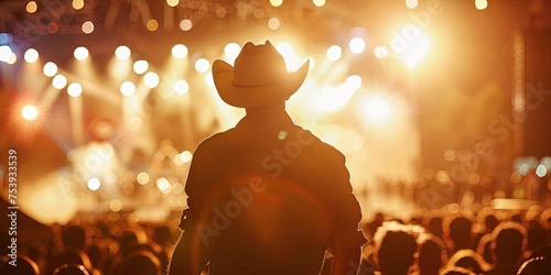 Country music festival with guitarist on stage wearing cowboy hat playing country western music