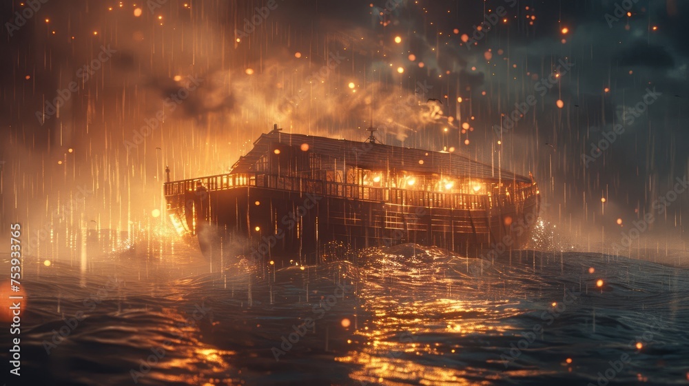 Noah'S Ark Amidst The Pouring Rain During The Flood