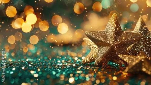 New Years Christmas Gold Green Star Background Web Banner With Copy Space. Christmas Teal Green And Golden Abstract Glitter Bokeh Background. Selective Focus