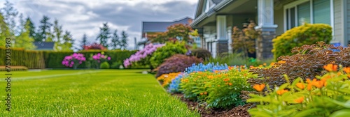 Well-manicured lawn of grass in the yard of a residential home - landscaping concept with shrubs and bushes outdoors 