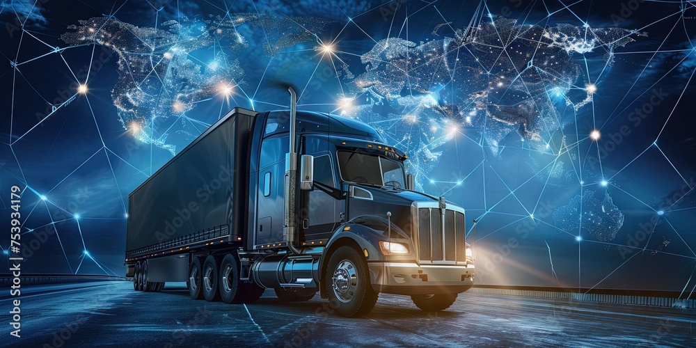 Semi-truck with cargo driving to transport delivery with digital data, mapping, and navigation concept background for supply chain and shipping industry Semi-truck with cargo driving to transport delivery with digital data, mapping, and navigation concept background for supply chain and shipping industry
