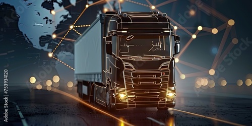 Semi-truck with cargo driving to transport delivery with digital data, mapping, and navigation concept background for supply chain and shipping industry