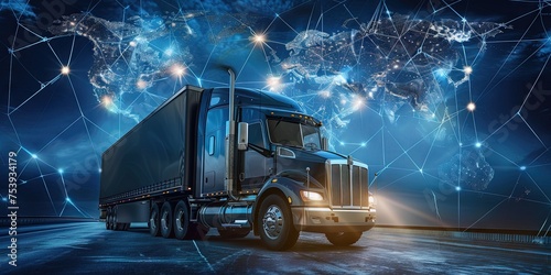 Semi-truck with cargo driving to transport delivery with digital data, mapping, and navigation concept background for supply chain and shipping industry