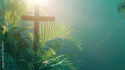 Palm Sunday. Cross And Palm Leaf With Copy Space. Christian Feast