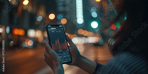 Hand holding smartphone with data and statistics - computer monitor in background with more market numbers. Investing and money concept photo