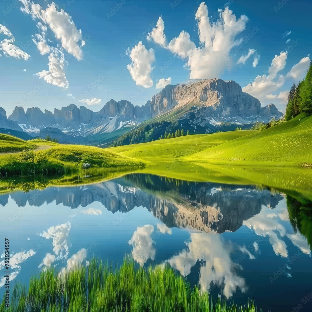 Passo Giau Italian Dolomites Slow Flyover Over Water Or Lake With Mountain View And Its Reflection In The Water And Beautiful Green Mountain Meadows