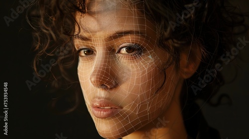 Woman's face with AI wireframe for artificial intelligence deepfakes and facial scanning concepts photo