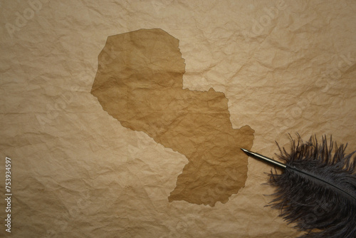 map of paraguay on a old paper background with old pen