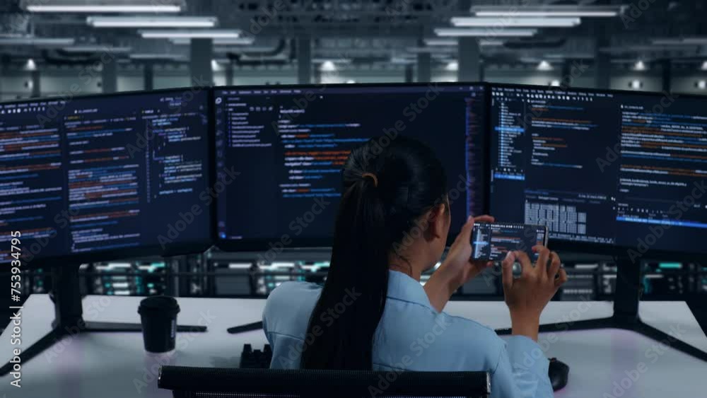 Back View Of Asian Woman Developer Working With Mobile Phone While ...