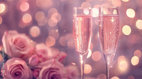 Pink Rose Champagne Glasses Close Up, Bokeh Lights Background. New Year, Valentines Day Celebration Toast Festive Rose Gold Blur Pink Champagne Sparkle Glitter Web Banner