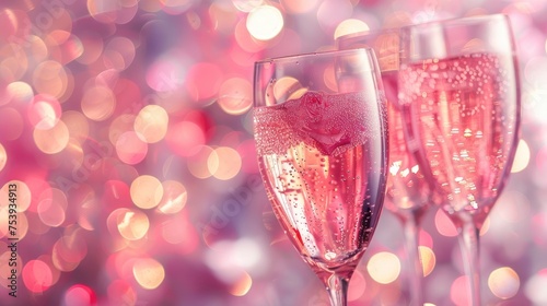 Pink Rose Champagne Glasses Close Up, Bokeh Lights Background. New Year, Valentines Day Celebration Toast Festive Rose Gold Blur Pink Champagne Sparkle Glitter Web Banner