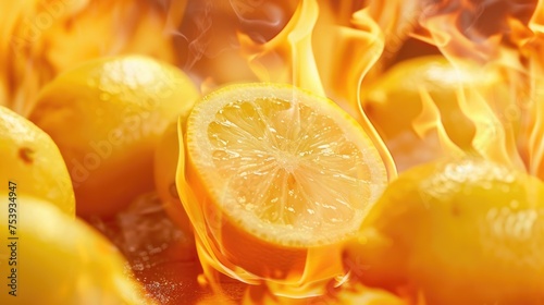Flaming lemons in fire and heat close-up. AI generative.