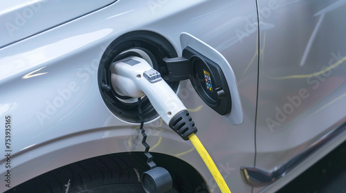 Charging an electric car with a connected power cable close-up. The concept of ecological transport.