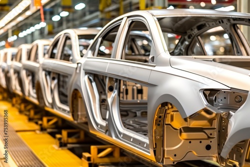 A line of cars are being built in a factory