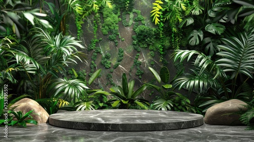 Podium Background Product Forest Green Display Platform Wood Stone 3D Garden Rock. Product Podium Jungle Background Stage Leaf Cosmetic Nature Scene Stand Presentation Mockup Tree Pedestal Plant Eco