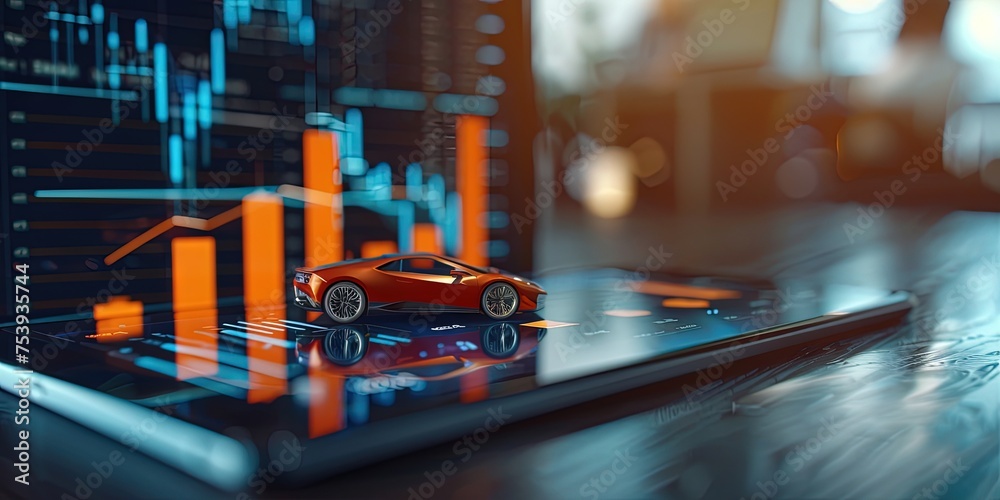 Smartphone with 3D bar graph and model car protruding from it. Modern technology and mobile car shopping concept Smartphone with 3D bar graph and model car protruding from it. Modern technology and mobile car shopping concept