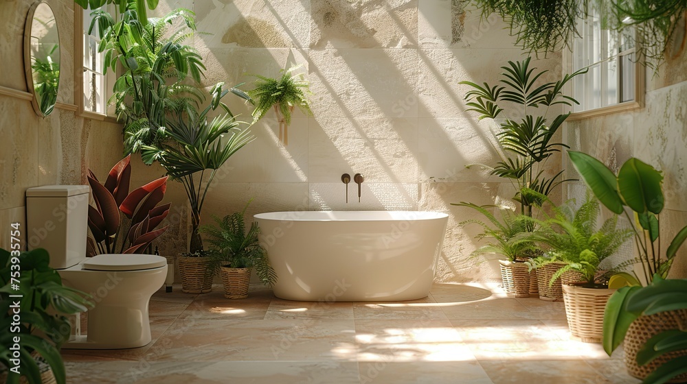 Interior of light bathroom with ceramic toilet bowl and houseplants Interior of light bathroom with ceramic toilet bowl and houseplants