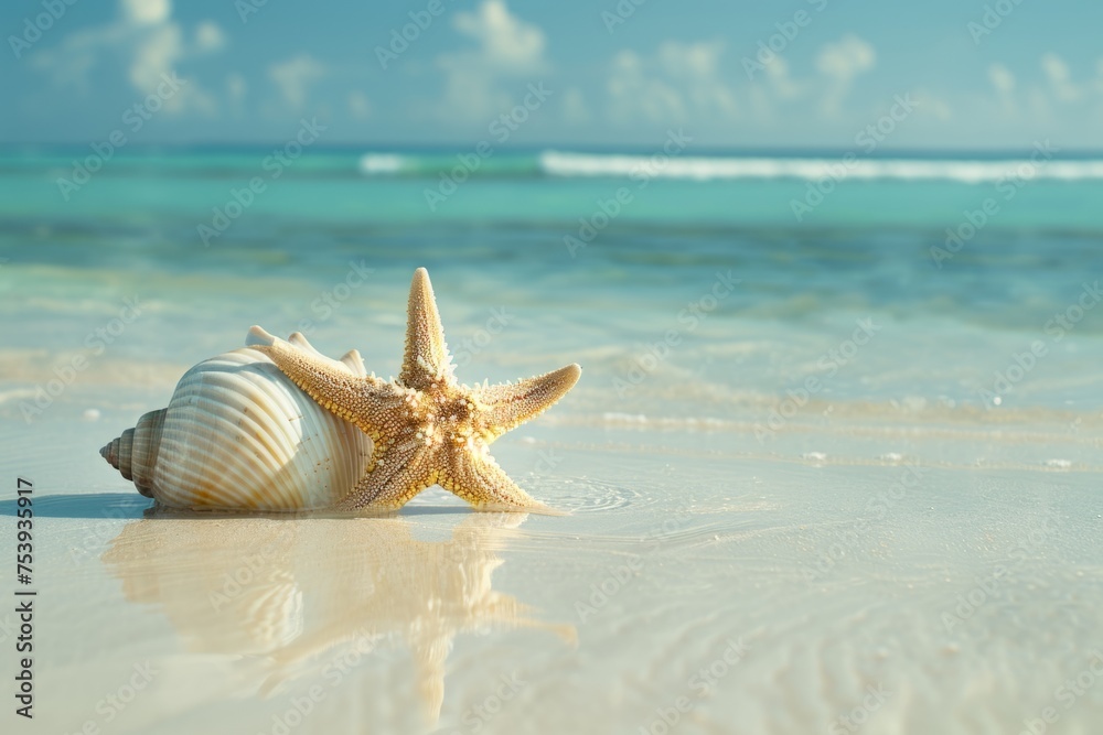 Photo of a starfish and conch shell on the beach Generative AI - obrazy, fototapety, plakaty 