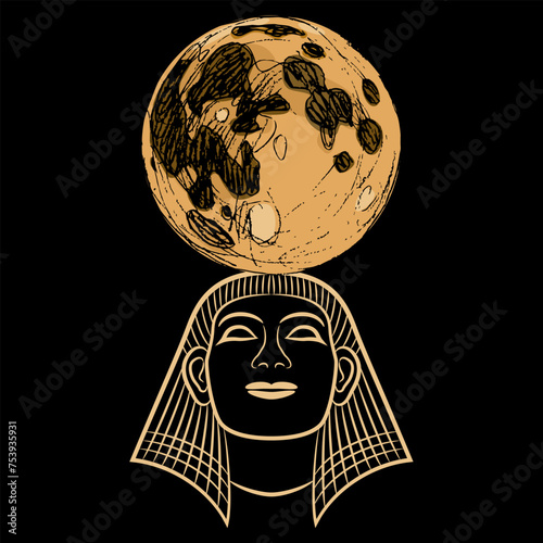 Head of ancient Egyptian man or pharaoh holding full moon. Lunar god Khonsu. Creative concept.