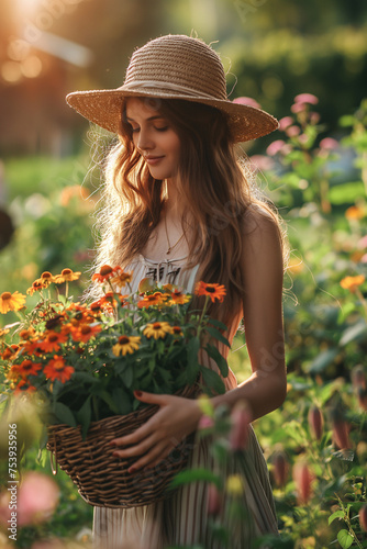 Woman with a basket of colorful flowers. A serene woman holding a wicker basket full of vibrant flowers captures natural beauty and horticulture in the golden light photo