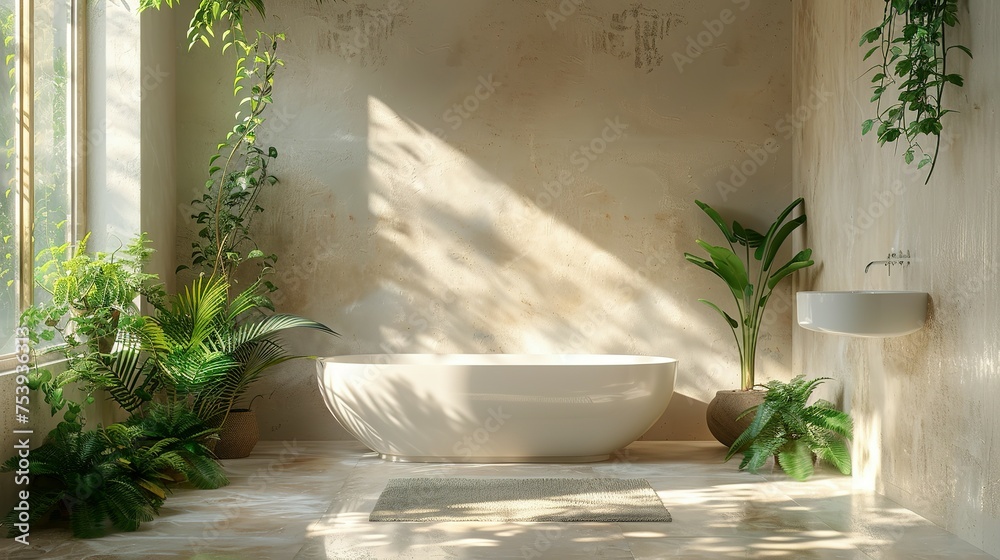 Interior of light bathroom with ceramic toilet bowl and houseplants Interior of light bathroom with ceramic toilet bowl and houseplants