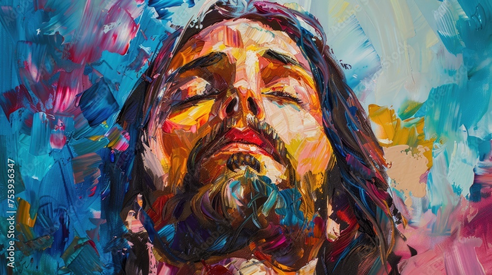 Portrait Of Jesus With His Eyes Closed, Praying. Colorful Oil Painting