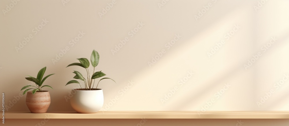 Three potted plants of varying sizes and species are placed neatly on a cream-colored wall shelf. The plants are green and healthy, adding a lively touch to the room. Three potted plants of varying sizes and species are placed neatly on a cream-colored wall shelf. The plants are green and healthy, adding a lively touch to the room.