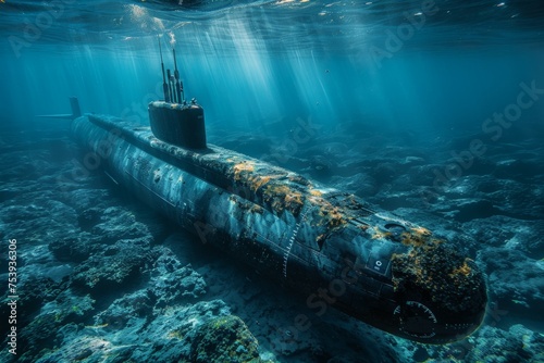 A large submarine is sitting on the ocean floor