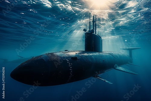 A large submarine is in the water, with the sun shining on it