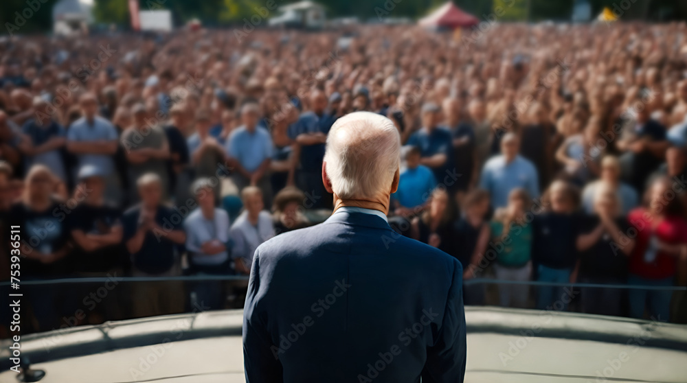 Democrat president stands tall amidst a sea of supporters at rally. Back view of presidential candidate in front of a crowd - obrazy, fototapety, plakaty 
