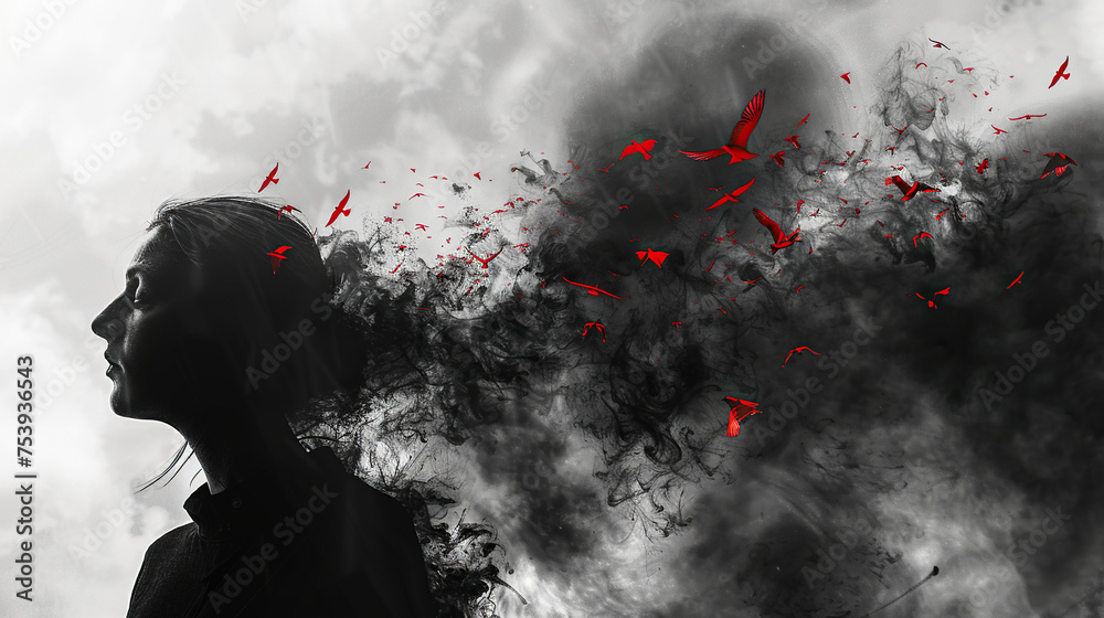 mental health awareness , black and white sad girl with red birds flying around her head, Self care, love, acceptance concept.Mental health issue, feeling of frustrated, anxiety, 13 may,  - obrazy, fototapety, plakaty 