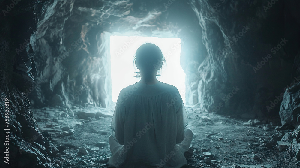 Obraz premium mothers day or women day art of lady in depression in a cave like prison , Self care, love, acceptance concept.Mental health issue, feeling of frustrated, anxiety. 