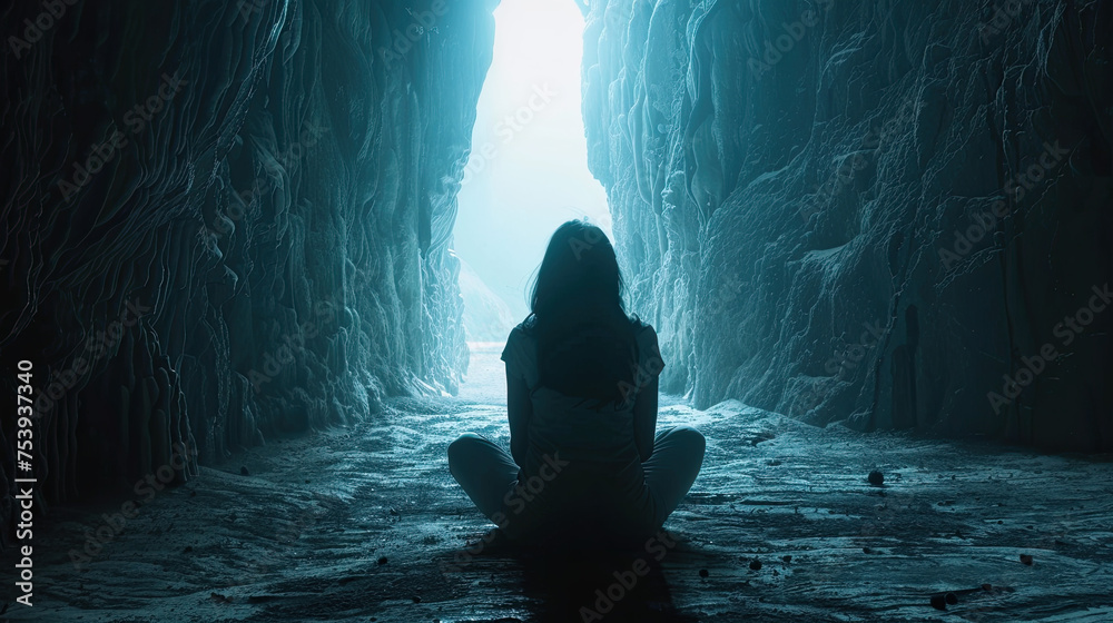 Fototapeta premium mothers day or women day art of lady in depression in a cave like prison , Self care, love, acceptance concept.Mental health issue, feeling of frustrated, anxiety. 